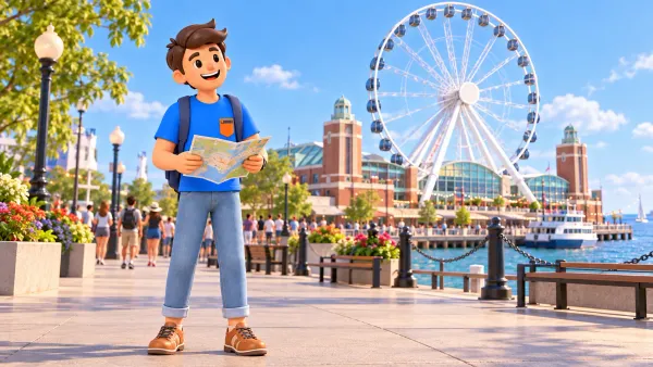 Voyageur avec une carte à Navy Pier devant une grande roue stylisée.