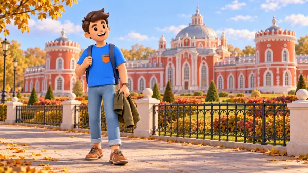 Un voyageur devant un palais de voyage rouge et blanc illustré derrière une clôture, illustration 3D
