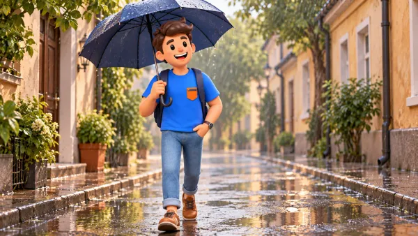 Un voyageur marche avec un parapluie dans une ruelle moscovite illustrée sous la pluie, illustration 3D
