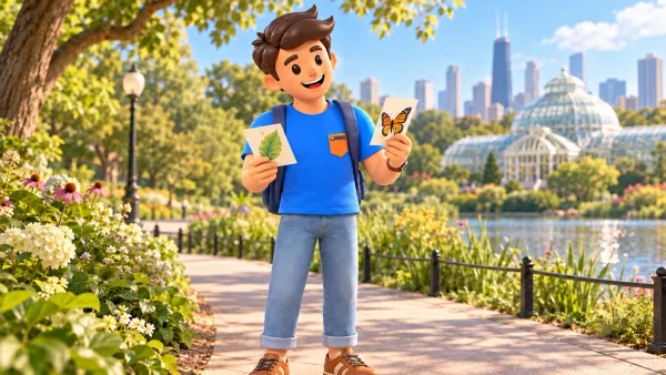 Voyageur choisissant entre deux cartes illustrées d’une feuille et d’un papillon dans un parc.