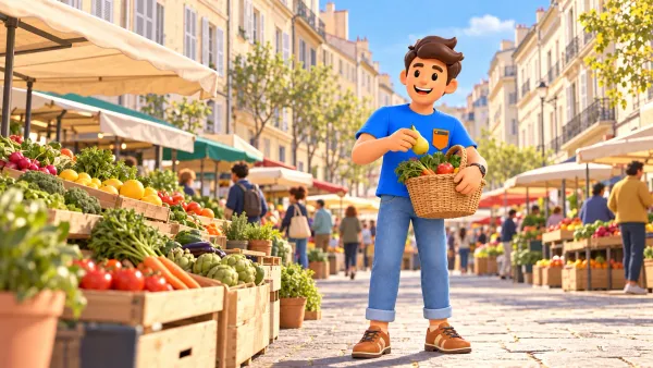Voyageur illustré avec une poire et un panier dans un marché inspiré des Capucins à Noailles