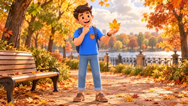 Un voyageur observe une feuille dorée près d’un banc de parc, illustration 3D