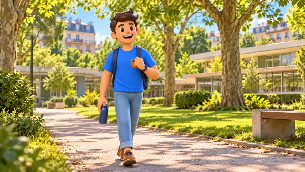 Ein Reisender geht auf einem Parkweg bei niedrigen Schulgebäuden