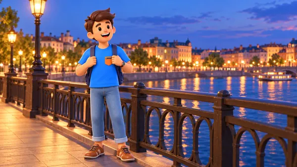 Un voyageur sur un pont piéton illustratif regarde la rivière et les lumières de bâtiments bas, illustration 3D