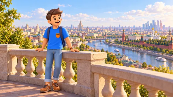 Un voyageur à une balustrade devant un panorama urbain et fluvial illustratif, illustration 3D