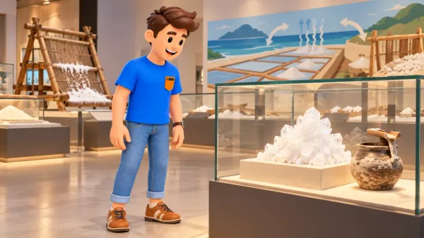Voyageur regardant des cristaux de sel et des objets de production en vitrine.