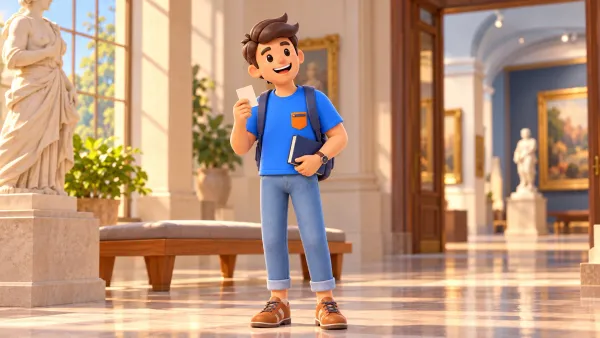 Un voyageur avec un billet et un carnet dans un foyer de musée illustré, illustration 3D