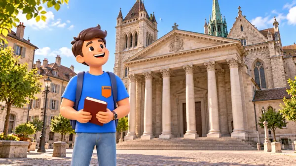 Un voyageur avec un livre observe un portique de cathédrale depuis la place