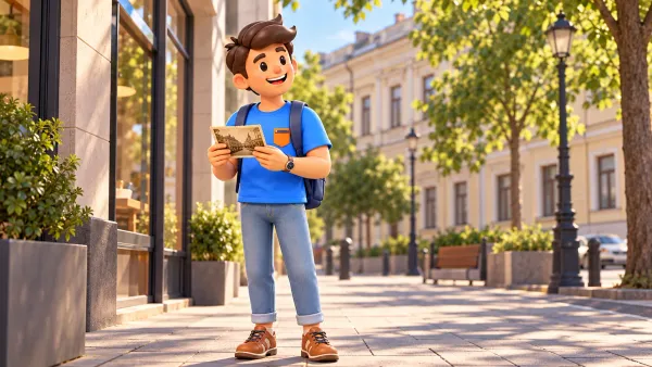 Un voyageur avec une ancienne photo stylisée dans une rue moscovite illustrée, illustration 3D