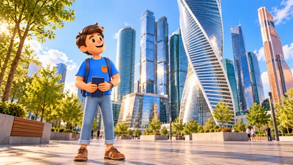 Illustration artistique en 3D : voyageur sur une place publique ouverte près des tours stylisées de Moscou City.