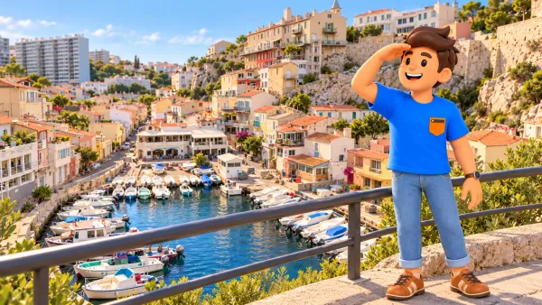 Voyageur illustré regardant une évocation du vallon des Auffes depuis un point de vue supérieur fictif