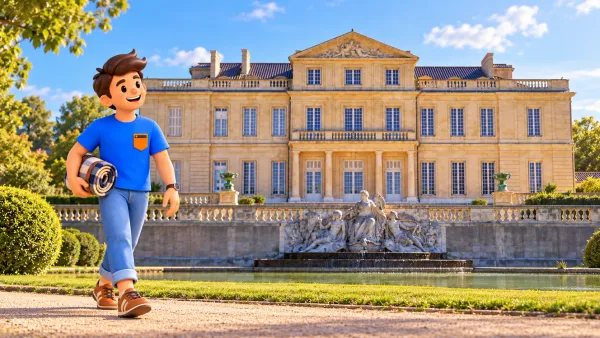 Voyageur illustré marchant avec une couverture roulée devant le château Borély recréé d’après photo