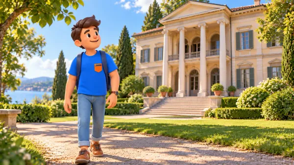 Un voyageur observe une villa historique dans un parc au bord du lac