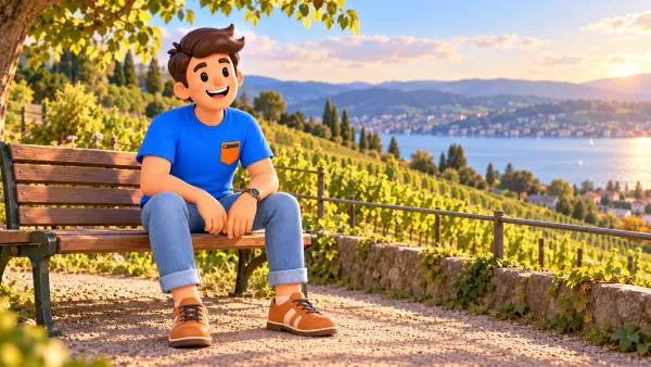Illustration d’un voyageur sur un banc devant des vignes et un lac imaginaires