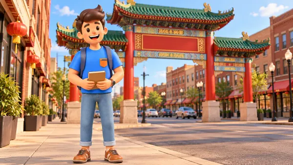 Voyageur avec un carnet sur le trottoir devant une porte de Chinatown stylisée.