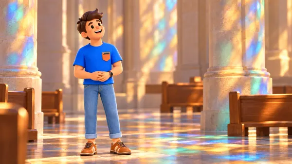Illustration d’un voyageur regardant la lumière colorée dans une église imaginaire