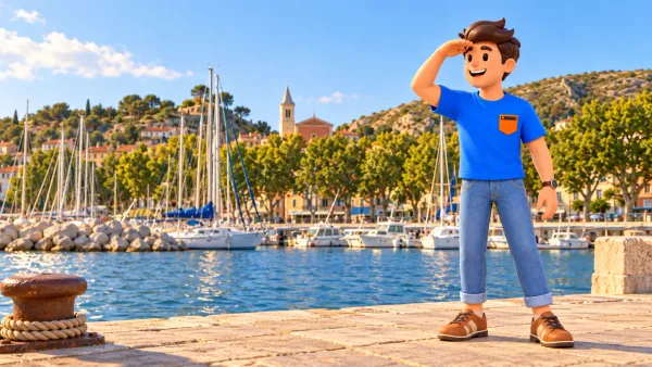 Voyageur illustré se protégeant les yeux du soleil près du port de L’Estaque recréé d’après photo