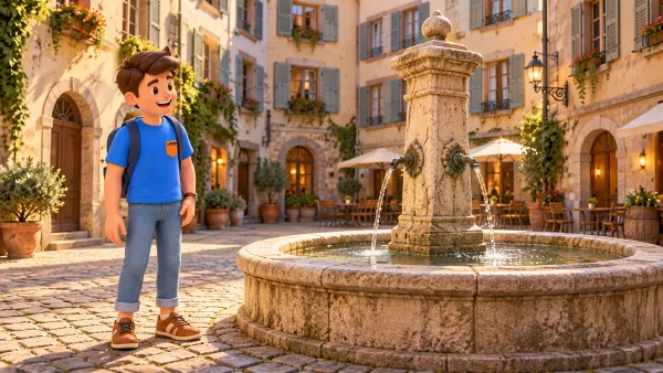 Un voyageur observe une fontaine de pierre sur une place ancienne