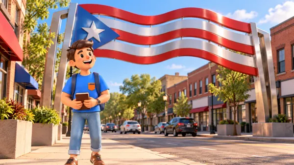Voyageur avec un carnet sous un drapeau-portique en acier stylisé de Paseo Boricua.