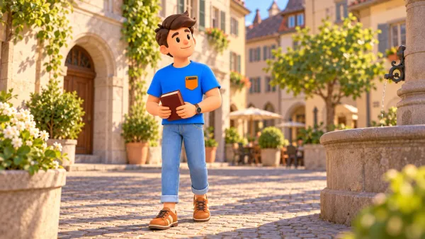 Illustration d’un voyageur avec un livre d’histoire sur une place ancienne imaginaire