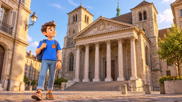 Un voyageur observe le portique et les tours d’une cathédrale depuis une place