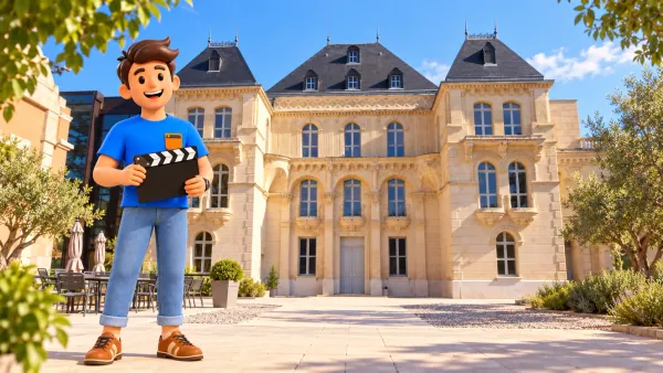 Voyageur illustré avec clap de cinéma devant la façade restaurée de La Buzine recréée d’après photo