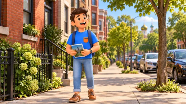 Voyageur avec un guide dans Ukrainian Village, illustration artistique