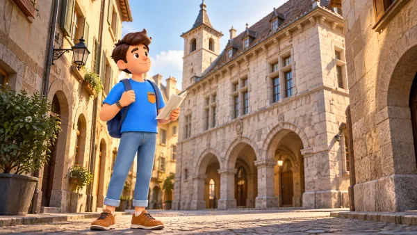 Un voyageur observe un bâtiment civique historique