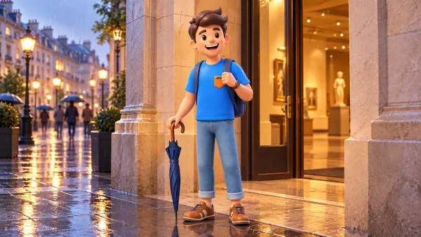Un voyageur avec un parapluie fermé à l’entrée d’un musée