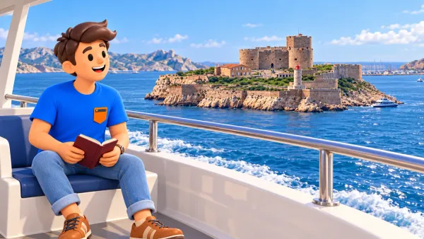Voyageur illustré avec un livre à bord d’un bateau imaginaire devant le château d’If recréé d’après photo