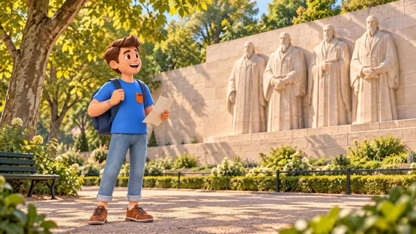 Un voyageur observe un mur monumental parmi les arbres