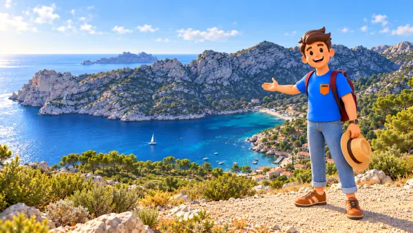 Voyageur illustré avec chapeau présentant la baie de Sormiou recréée d’après photo depuis un premier plan imaginaire