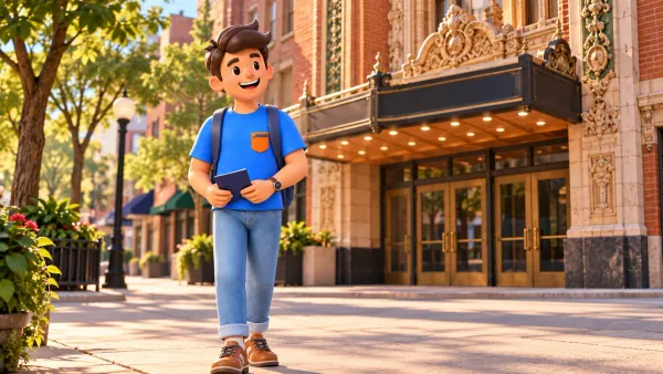 Voyageur sur le trottoir devant un théâtre stylisé d’Uptown