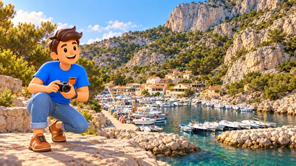 Voyageur illustré avec appareil photo dans un premier plan imaginaire devant le port de Morgiou recréé d’après photo