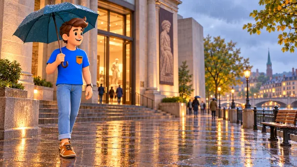Illustration d’un voyageur avec parapluie devant un musée imaginaire sous la pluie
