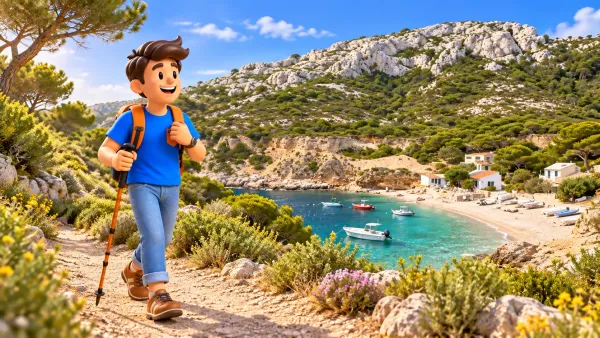 Voyageur illustré avec bâton sur un chemin imaginaire devant la calanque sableuse de Marseilleveyre recréée d’après photo