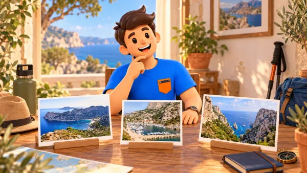 Voyageur illustré à un bureau imaginaire choisissant entre des cartes photo distinctes de Sormiou, Morgiou et Sugiton