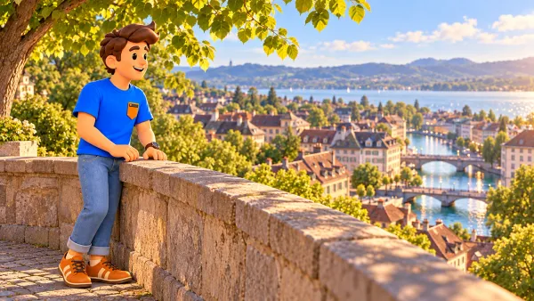 Illustration d’un voyageur devant une vue urbaine imaginaire depuis une place publique