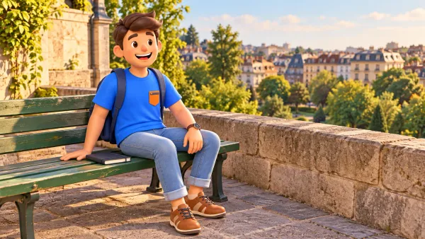 Un voyageur se repose sur un banc de terrasse au-dessus d’un parc