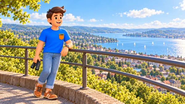 Illustration d’un voyageur avec jumelles devant un panorama imaginaire de ville et de lac