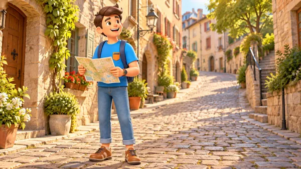 Un voyageur avec une carte choisit son chemin dans une rue en pente