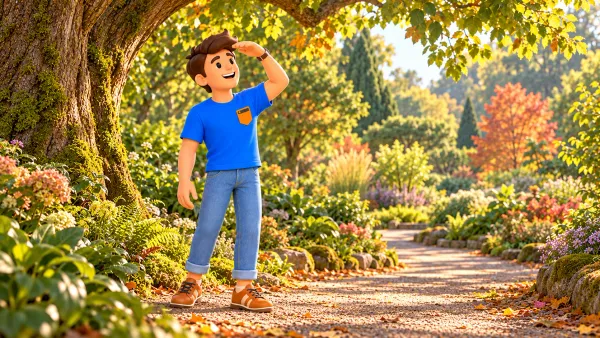 Illustration d’un voyageur admirant un grand arbre dans un jardin botanique imaginaire