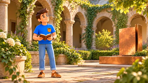Illustration d’un voyageur avec un livre dans un cloître imaginaire et une forme de cuivre inventée