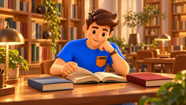 Illustration d’un voyageur avec trois livres dans une salle de lecture littéraire imaginaire