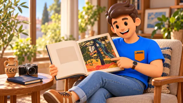 Voyageur illustré dans une pièce imaginaire lisant un livre d’art avec une recréation de Pinède à Cassis de Derain