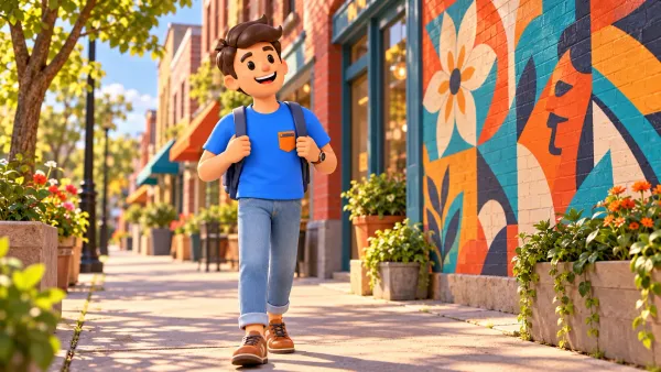 Voyageur dans une rue près d’une peinture murale colorée, illustration