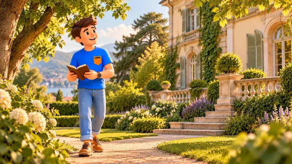 Illustration d’un voyageur avec un livre dans le jardin d’une villa historique imaginaire