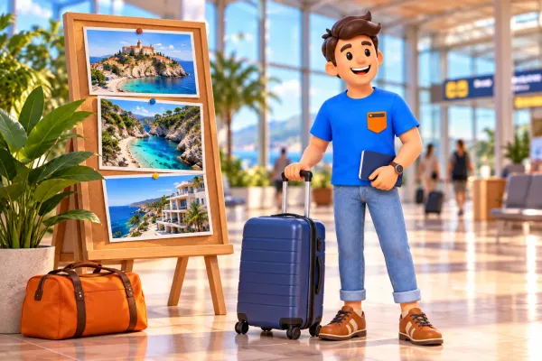 Voyageur illustré avec valise et carnet dans un hall imaginaire, près de cartes génériques d’île, calanque et bâtiment