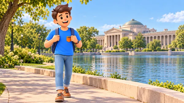 Voyageur devant une illustration de l’ancien palais des Beaux-Arts près d’une lagune