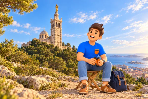 Voyageur illustré avec jumelles orange sur tabouret pliant imaginaire devant Notre-Dame de la Garde recréée d’après photo, premier plan composé